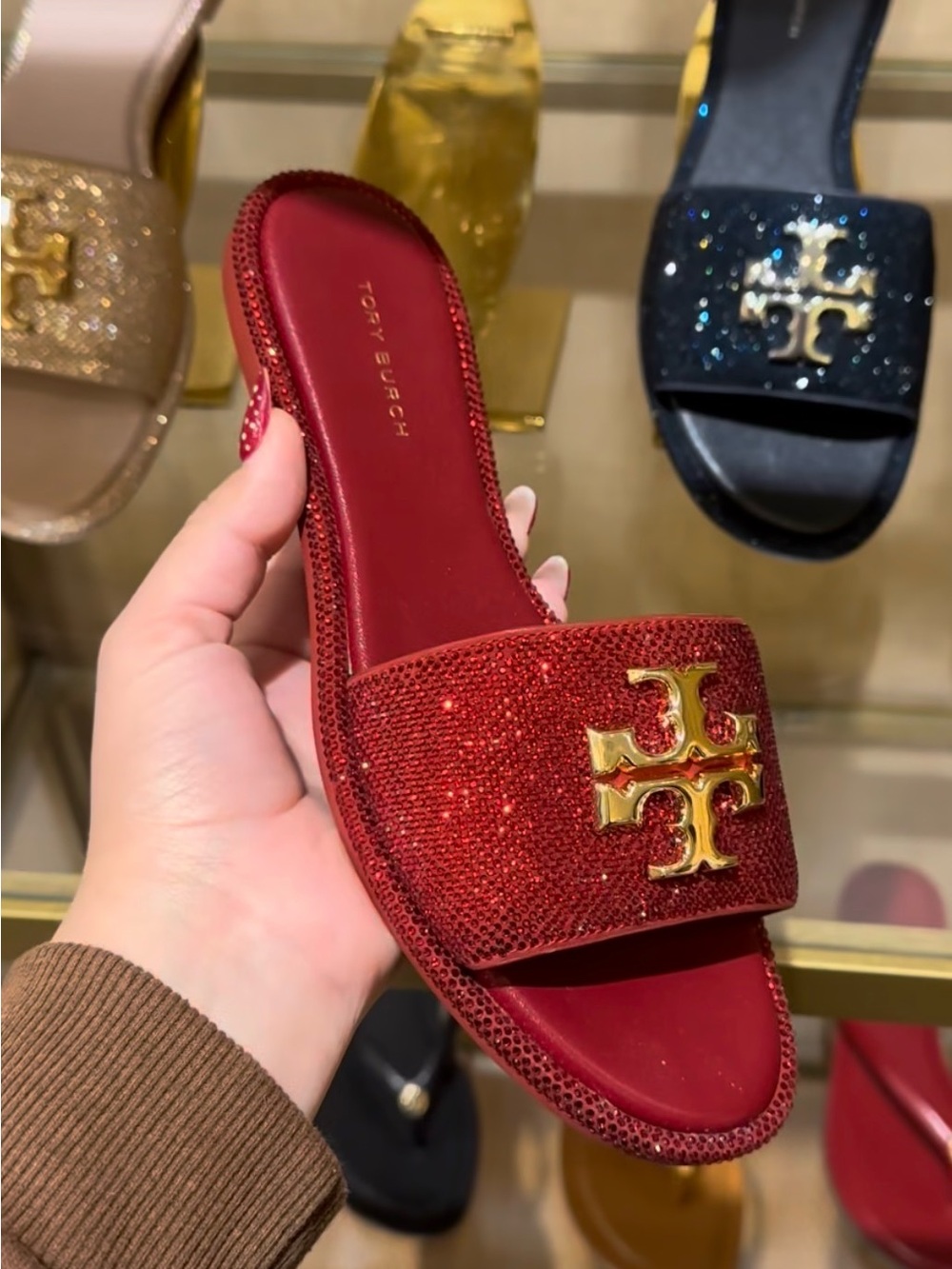 Tory Burch Everly  Red Crystal Logo Slide Sandals